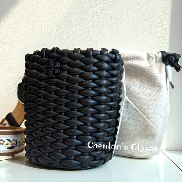 Tory Burch Emerson Woven Mini Bucket Bag Black With Gold Hardware - Picture 7 of 13